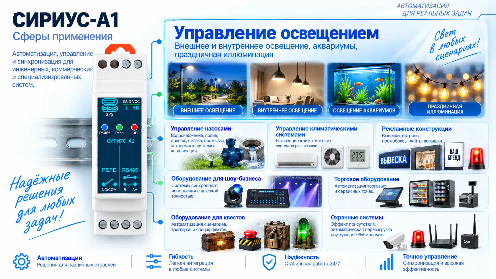 Примеры применения платформы А1: освещение, насосы, климатические системы и другие задачи автоматики